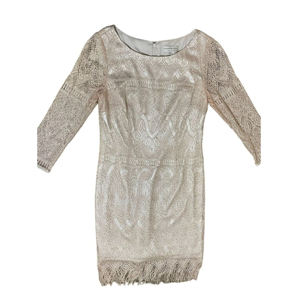 Katherine Kelly Dress Womens 8 Used Beige w/Silver Shimmer Fringe - Picture 5 of 16